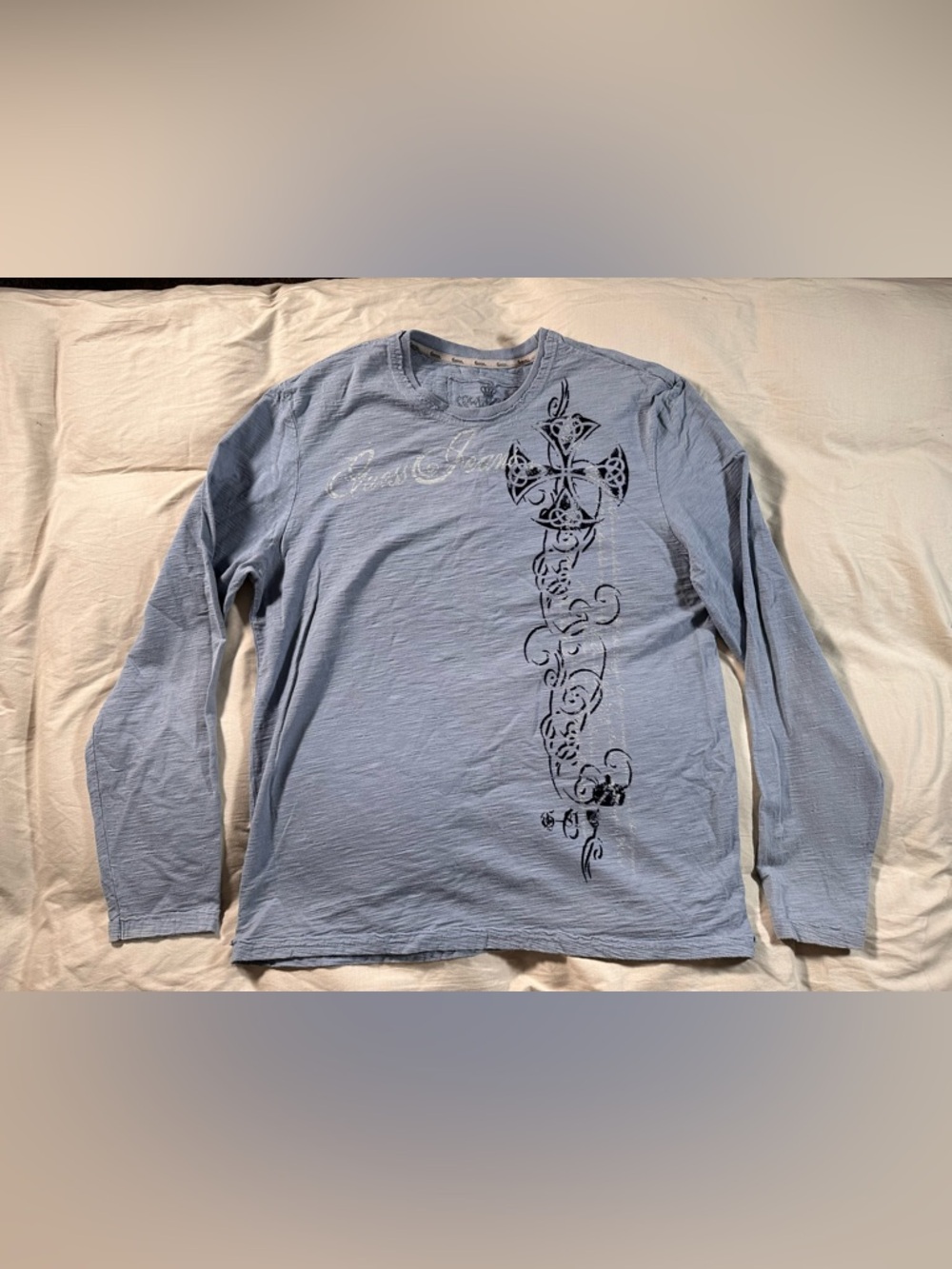 Guess Vintage Tribal Cross Y2K Pale Blue Gray Long Sleeve Shirt Retro XXL 90s